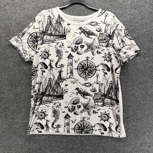 Ferrato Top Womens L White Black Boat Sea Graphic Artsy Nautical Preppy Casual
